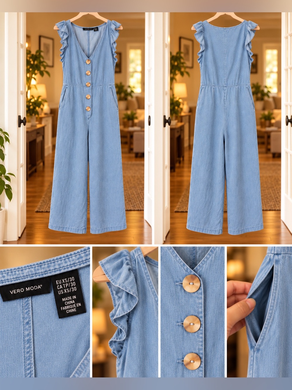 Vero Moda Sky Blue Denim Wide-Leg Jumpsuit with Ruffle Shoulders